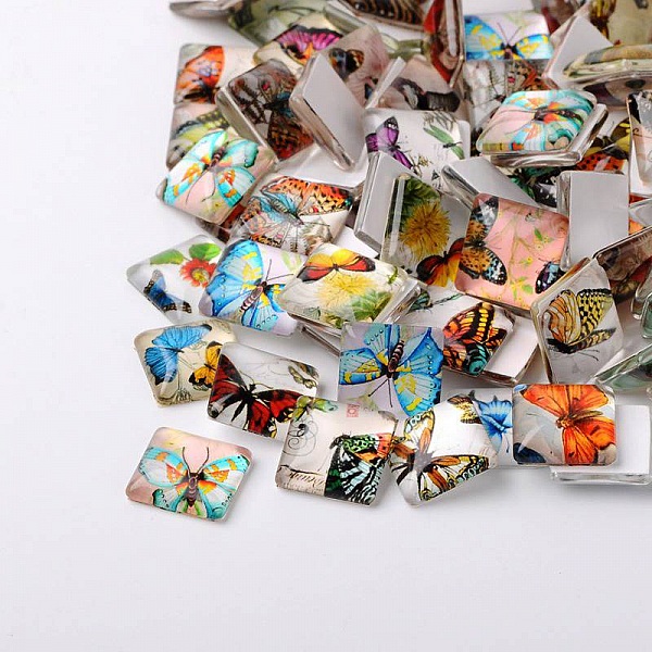 10 cabochons en verre carr&eacute;s 25mm assortis Papillons N001-25 