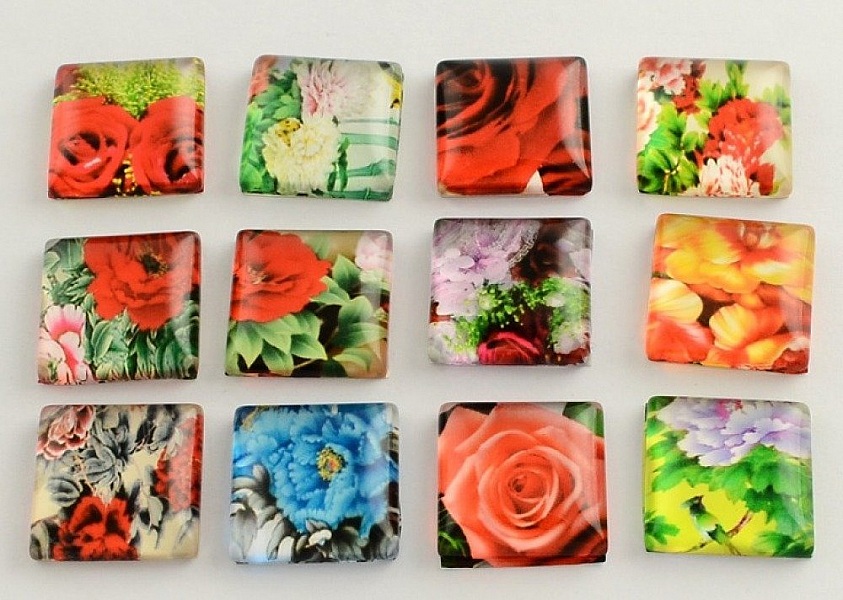 10 cabochons en verre carr&eacute;s 20 mm assortis Fleurs S-22-20-17