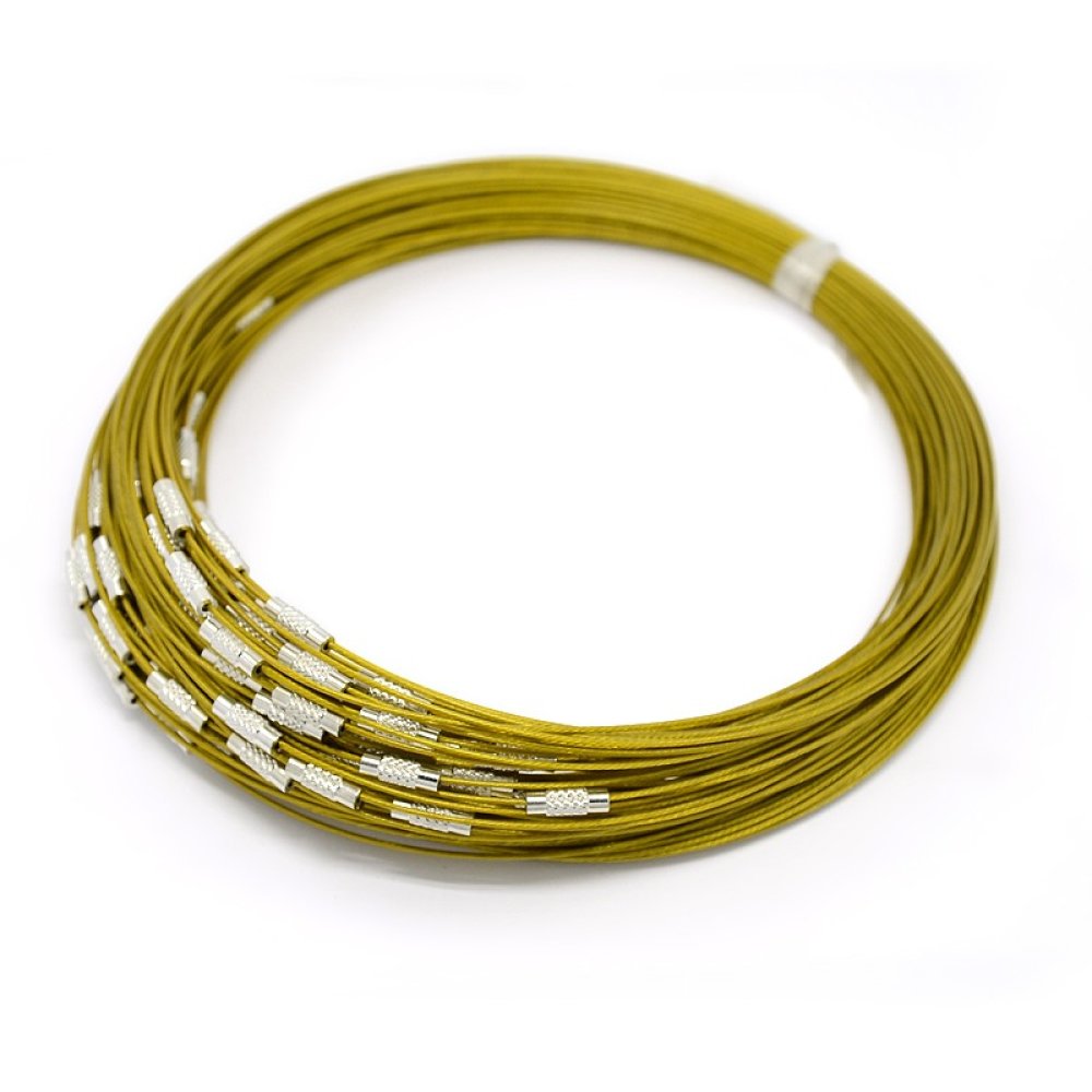 1 collier tour de cou fil c&acirc;bl&eacute; rigide vert jaune fermoir &agrave; visser N&deg;01