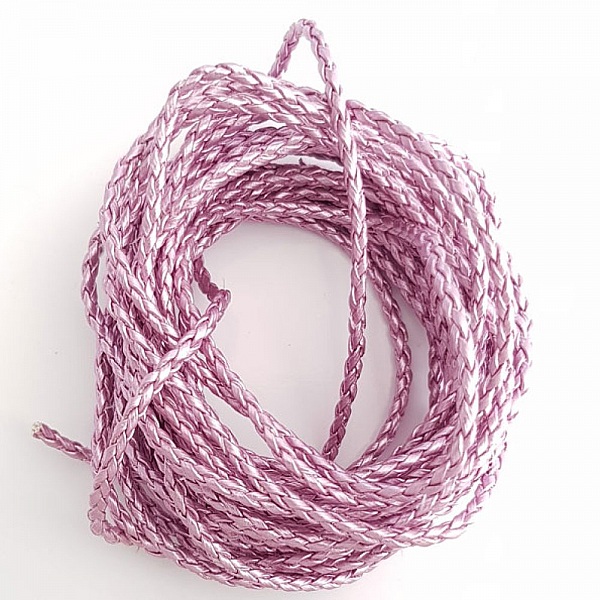 1 m&egrave;tre Cordon rond simili cuir tress&eacute; Mauve Argent&eacute; 3 mm
