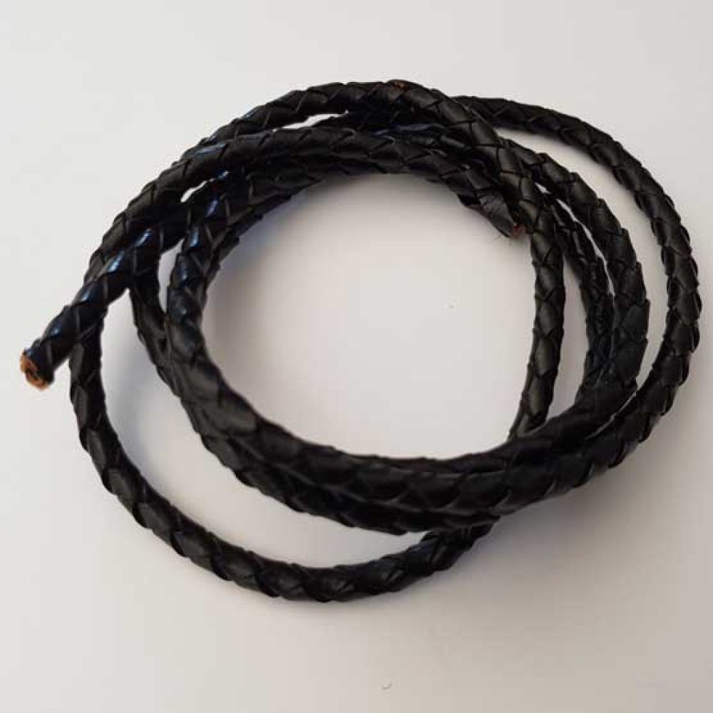 1 m&egrave;tre Cordon rond cuir tress&eacute; Noir 5 mm