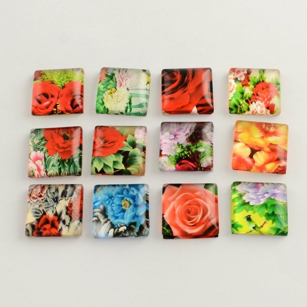 20 cabochons en verre carr&eacute;s 20 mm assortis Fleurs S-22-20-17