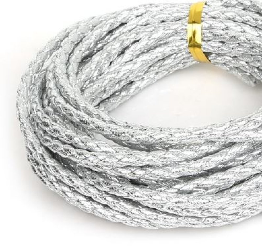 5 m&egrave;tres Cordon rond simili cuir tress&eacute; Argent 3 mm