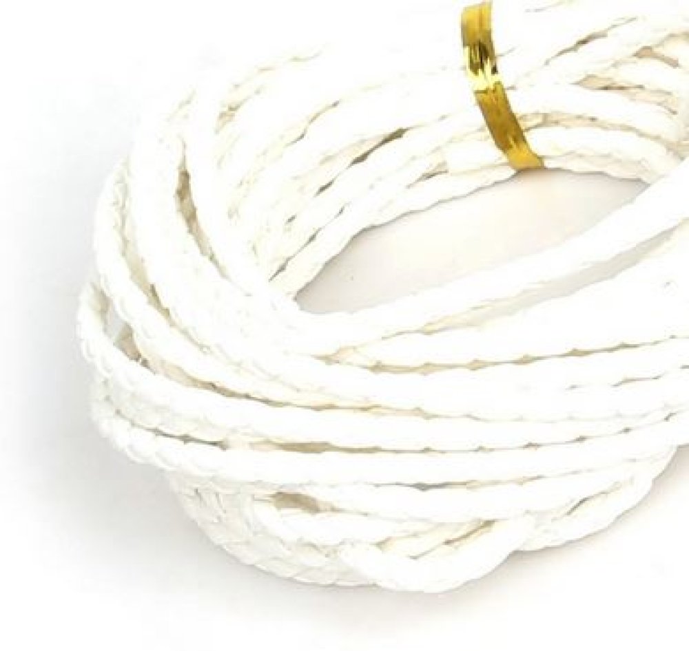 5 m&egrave;tres Cordon rond simili cuir tress&eacute; Blanc 3 mm