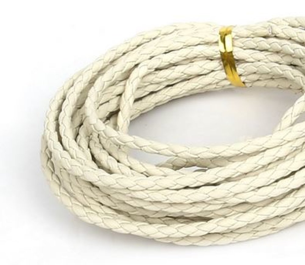 5 m&egrave;tres Cordon rond simili cuir tress&eacute; Ivoire 3 mm