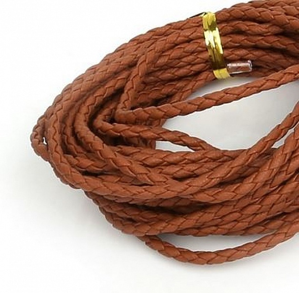 5 m&egrave;tres Cordon rond simili cuir tress&eacute; Marron 3 mm