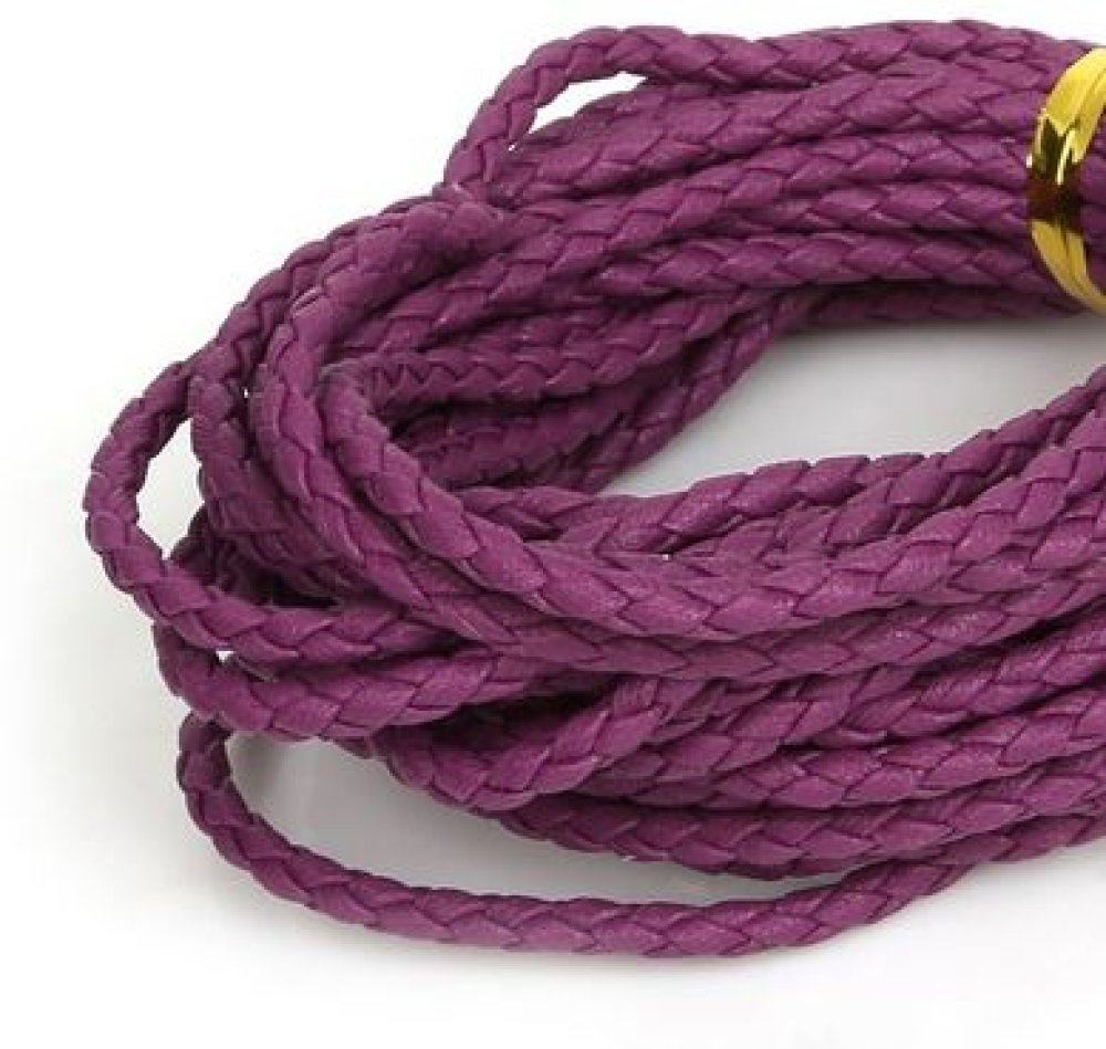 5 m&egrave;tres Cordon rond simili cuir tress&eacute; Pourpre 3 mm