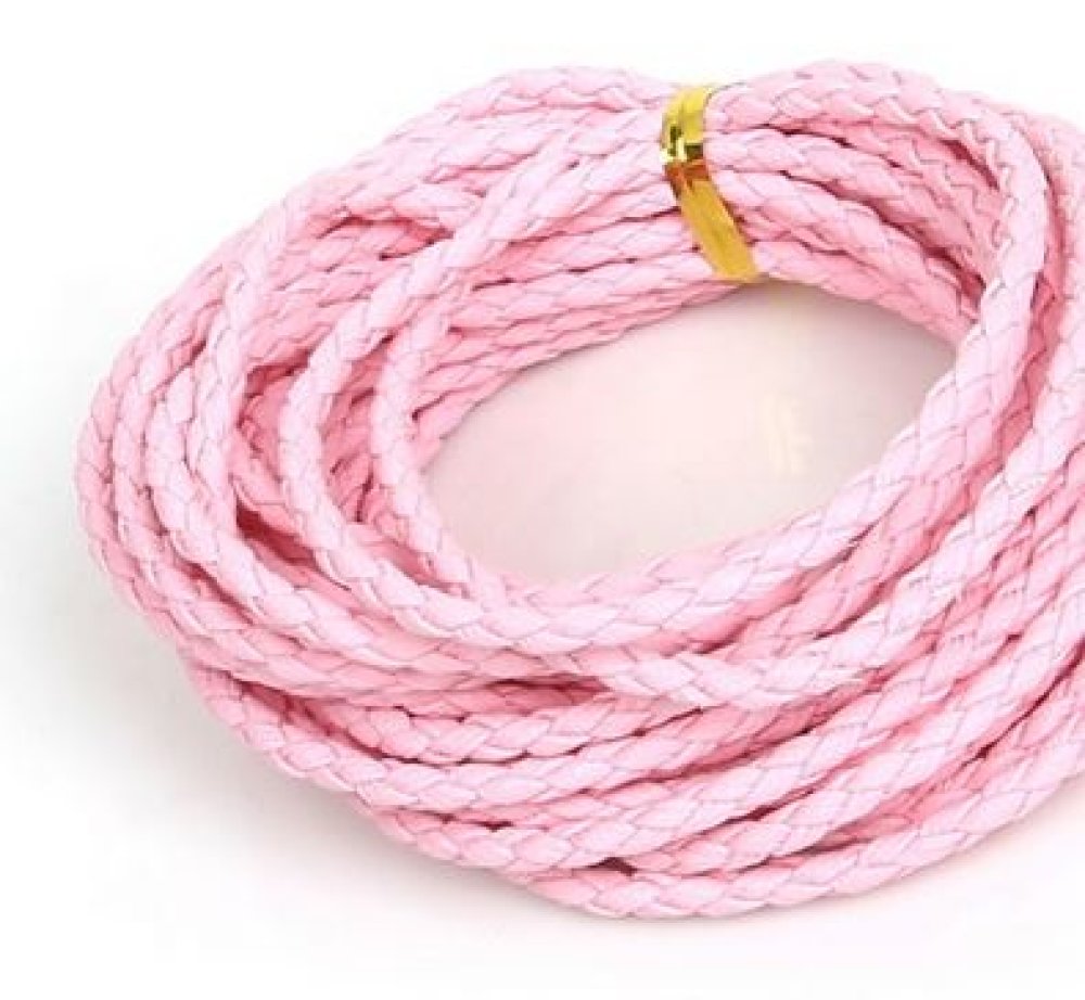 5 m&egrave;tres Cordon rond simili cuir tress&eacute; Rose 3 mm