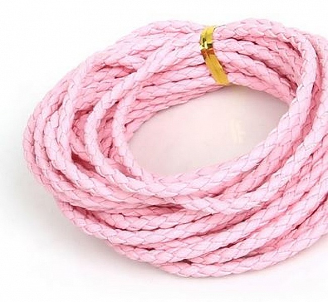 5 m&egrave;tres Cordon rond simili cuir tress&eacute; Rose 3 mm