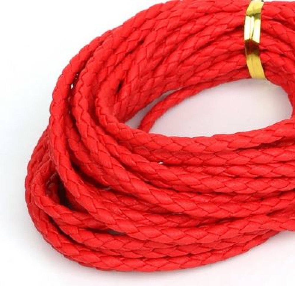 5 m&egrave;tres Cordon rond simili cuir tress&eacute; Rouge 3 mm