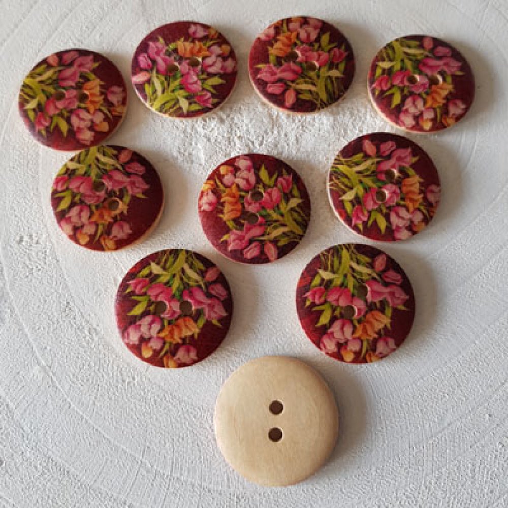 Bouton en bois fleurs 30 mm N&deg;14 x 10 pi&egrave;ces