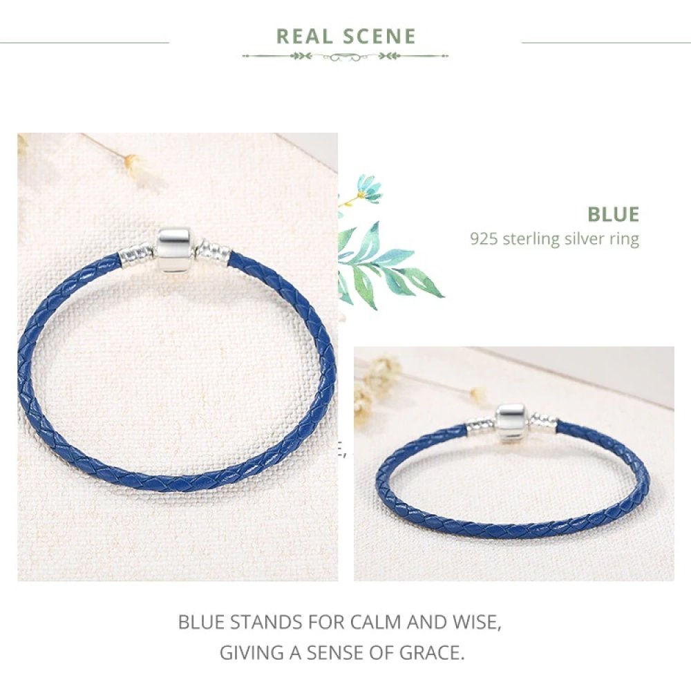 Bracelet Cuir Tress&eacute; Bleu 19 cm Fermoir Clip Argent 925