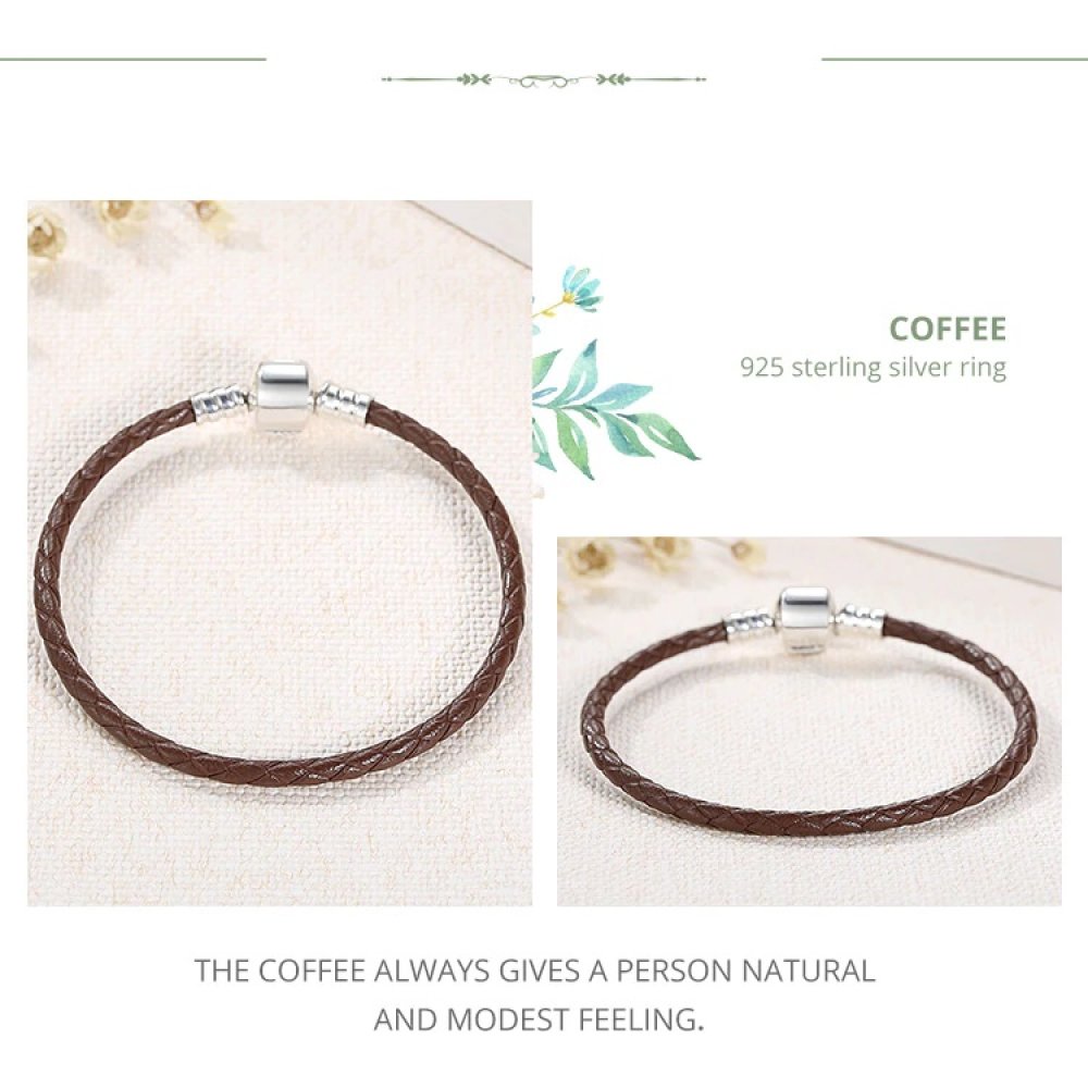 Bracelet Cuir Tress&eacute; Caf&eacute; 19 cm Fermoir Clip Argent 925