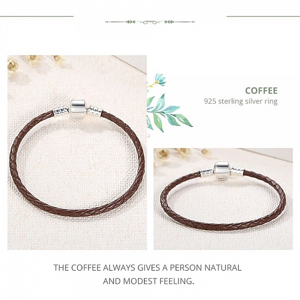 Bracelet Cuir Tress&eacute; Caf&eacute; 19 cm Fermoir Clip Argent 925