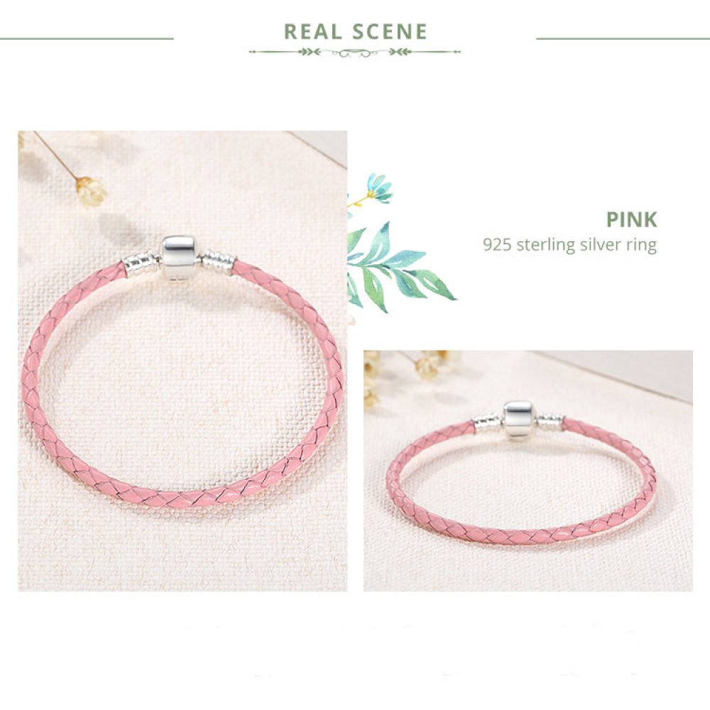Bracelet Cuir Tress&eacute; Rose 19 cm Fermoir Clip Argent 925