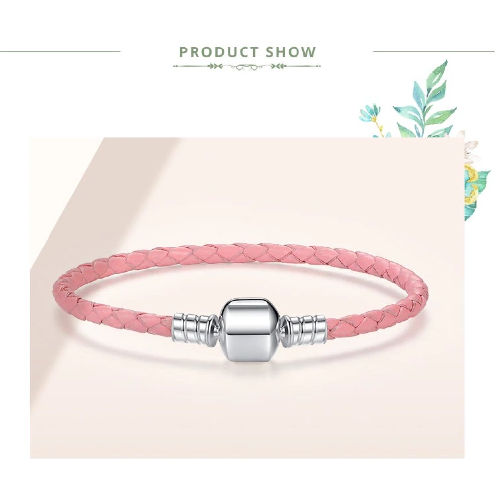 Bracelet Cuir Tress&eacute; Rose 19 cm Fermoir Clip Argent 925