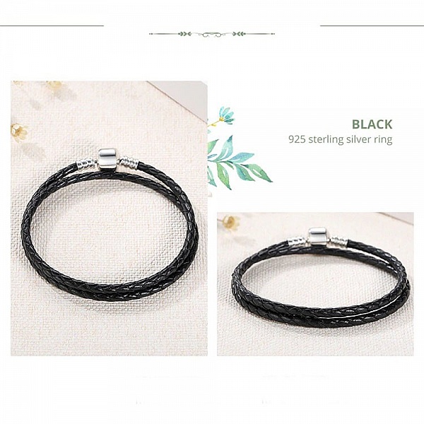 Bracelet Double Cuir Tress&eacute; Noir 34 cm Fermoir Clip Argent 925