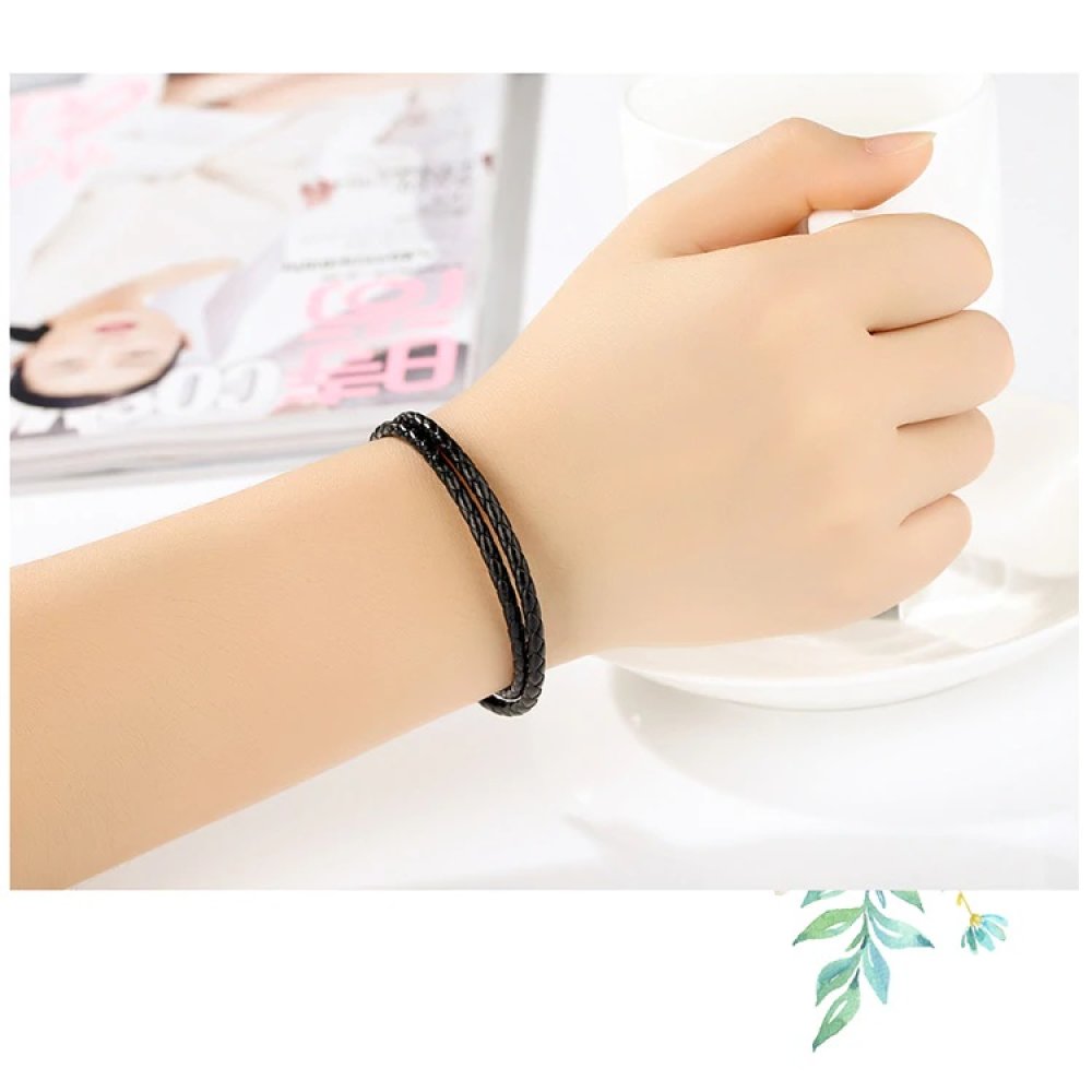 Bracelet Double Cuir Tress&eacute; Noir 40 cm Fermoir Clip Argent 925