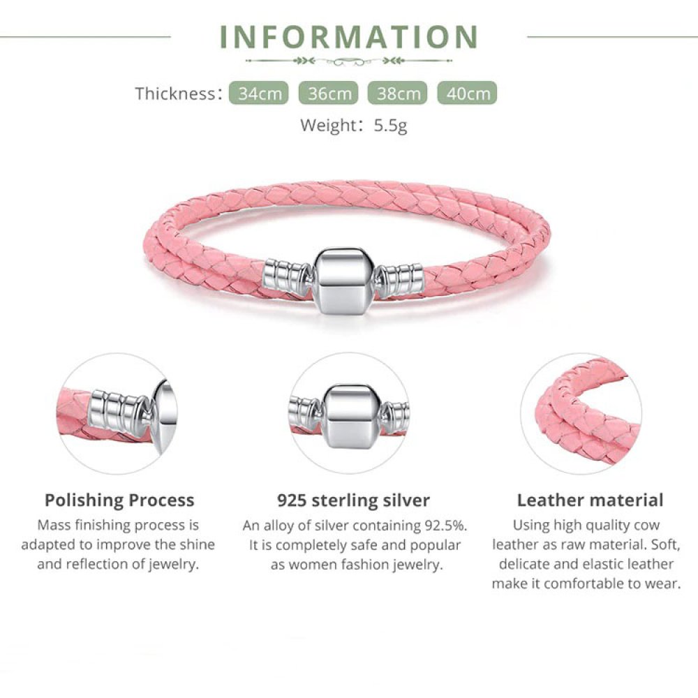 Bracelet Double Cuir Tress&eacute; Rose 38 cm Fermoir Clip Argent 925