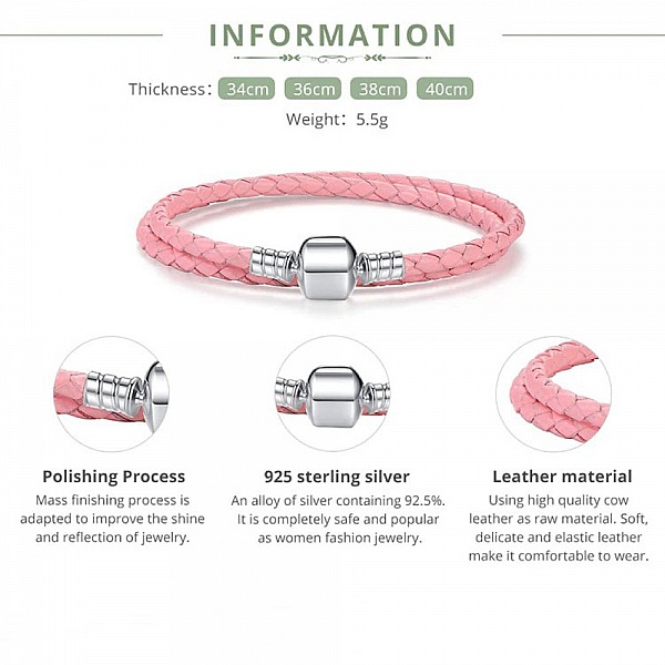 Bracelet Double Cuir Tress&eacute; Rose 38 cm Fermoir Clip Argent 925