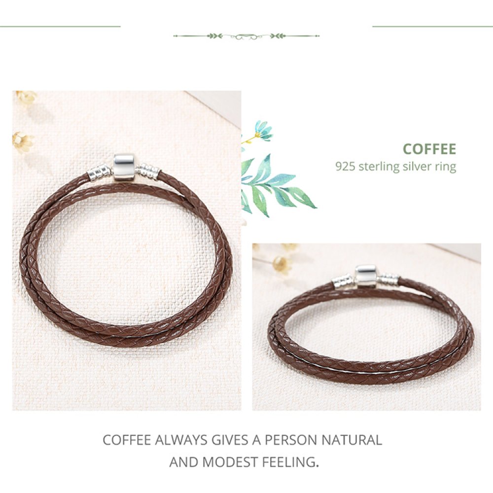 Bracelet Double Cuir Tress&eacute; Caf&eacute; 38 cm Fermoir Clip Argent 925