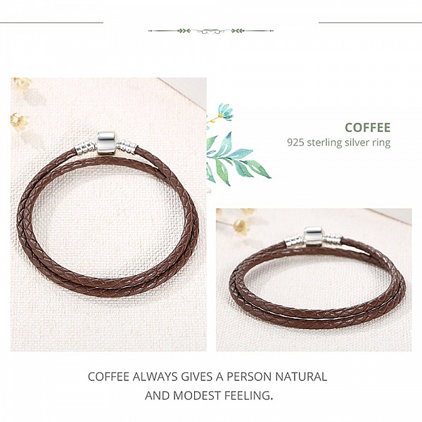 Bracelet Double Cuir Tress&eacute; Caf&eacute; 38 cm Fermoir Clip Argent 925
