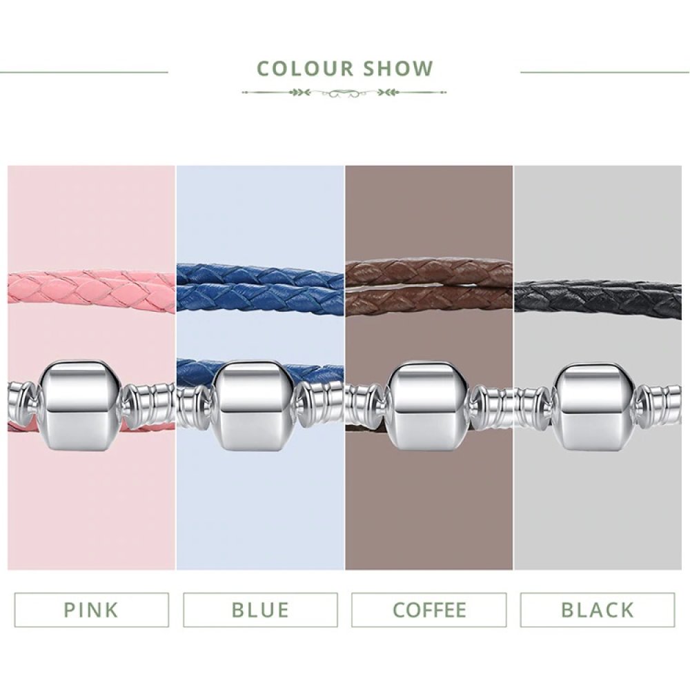 Bracelet Double Cuir Tress&eacute; Caf&eacute; 38 cm Fermoir Clip Argent 925