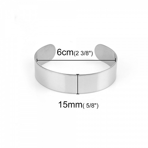 Bracelet manchette jonc en acier inoxydable avec dimensions indiquées.