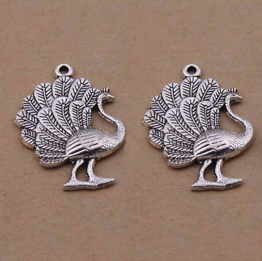 Breloque Paon en m&eacute;tal argent-01 Pendentif Paon 