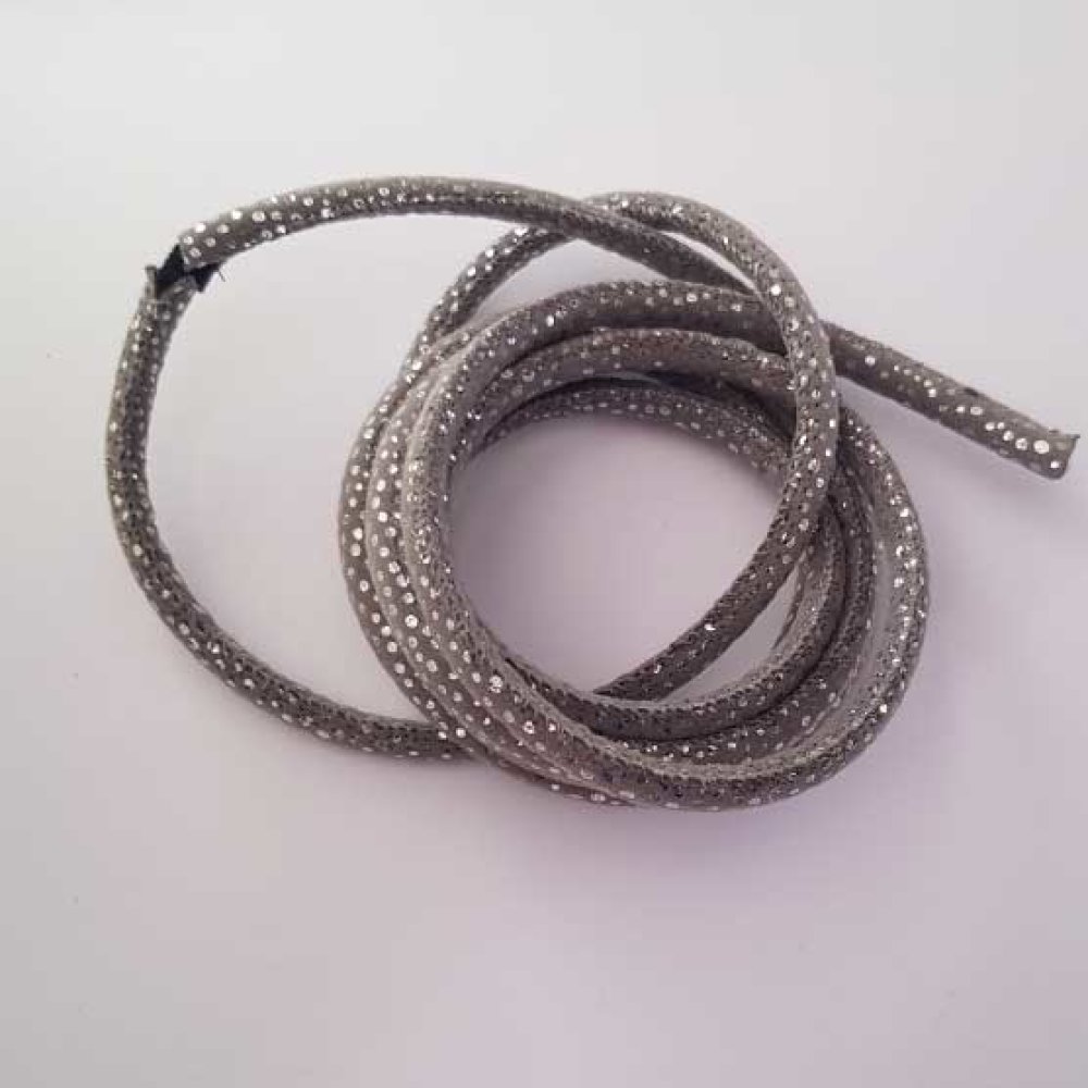 Cordon Rond 6 mm Gris et Petits Pois Argent&eacute; x 1 m 60 .