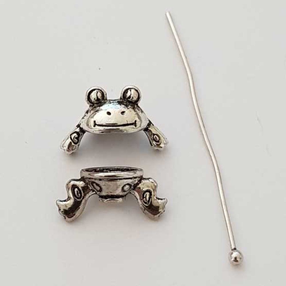 Coupelle calotte grenouille en m&eacute;tal argent&eacute; vieilli pour perle 8 mm &agrave; 10 mm
