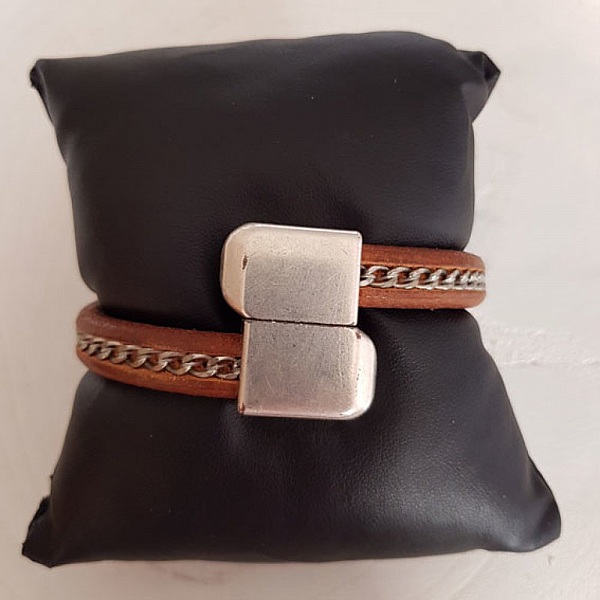 Cuir R&eacute;galiz Naturel de 10 mm avec cha&icirc;ne Argent par 20 cm