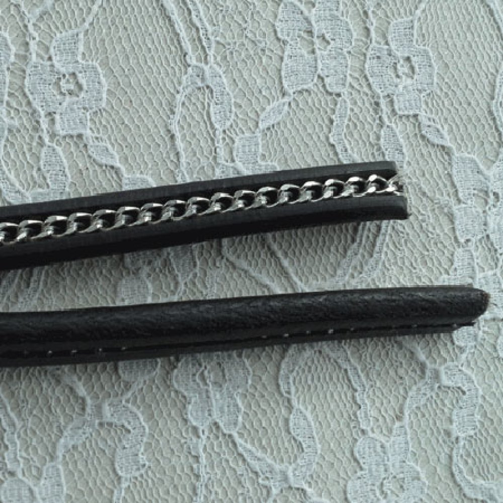 Cuir R&eacute;galiz Noir de 10 mm avec cha&icirc;ne Argent par 20 cm