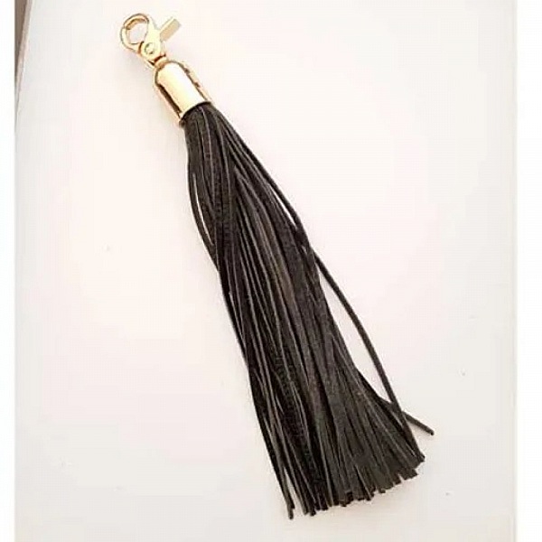 Grand Pompon cuir 21 cm Noir Fermoir porte cl&eacute; Dor&eacute;