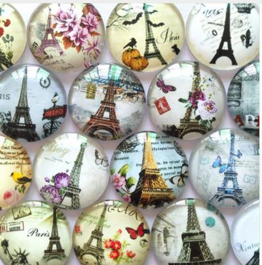 Lot 20 cabochons rond en verre 25mm Tour Eiffel 02 mixte Glass cabochon 