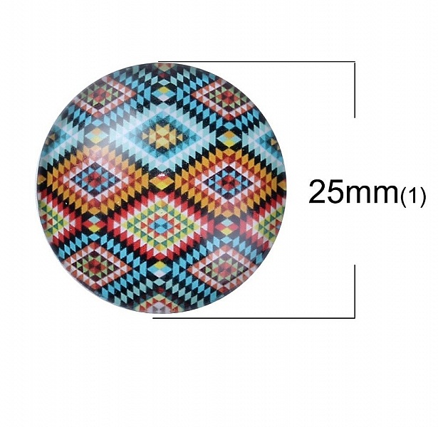 Cabochon en verre rond 25 mm motif géométrique aztèque.