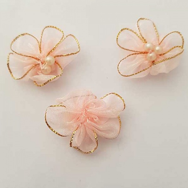Lot 3 fleurs color&eacute;es Tissus Organza Saumon