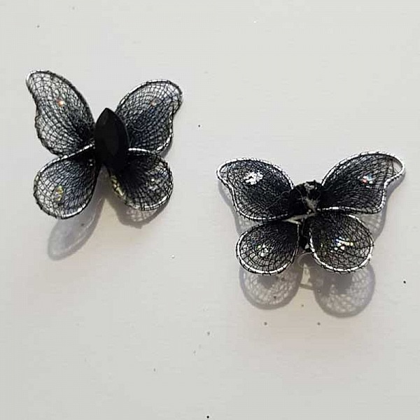 Lot de 2 Papillons Tissus et Strass Noir