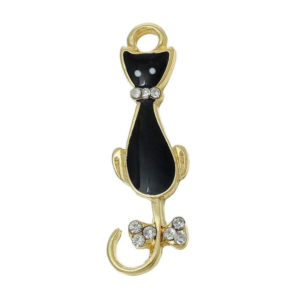 Lot de 5 Breloque Chat N&deg;08 Chat Dor&eacute; Noir N&oelig;uds Papillons &agrave; Strass Transparent Email 36 mm x 11 mm