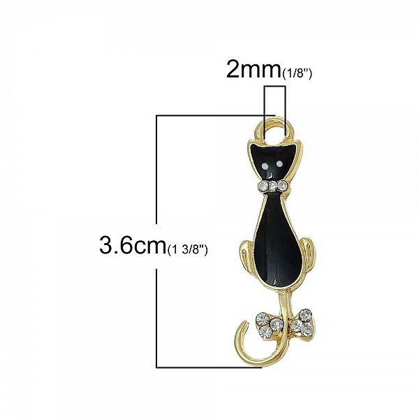 Lot de 5 Breloque Chat N&deg;08 Chat Dor&eacute; Noir N&oelig;uds Papillons &agrave; Strass Transparent Email 36 mm x 11 mm