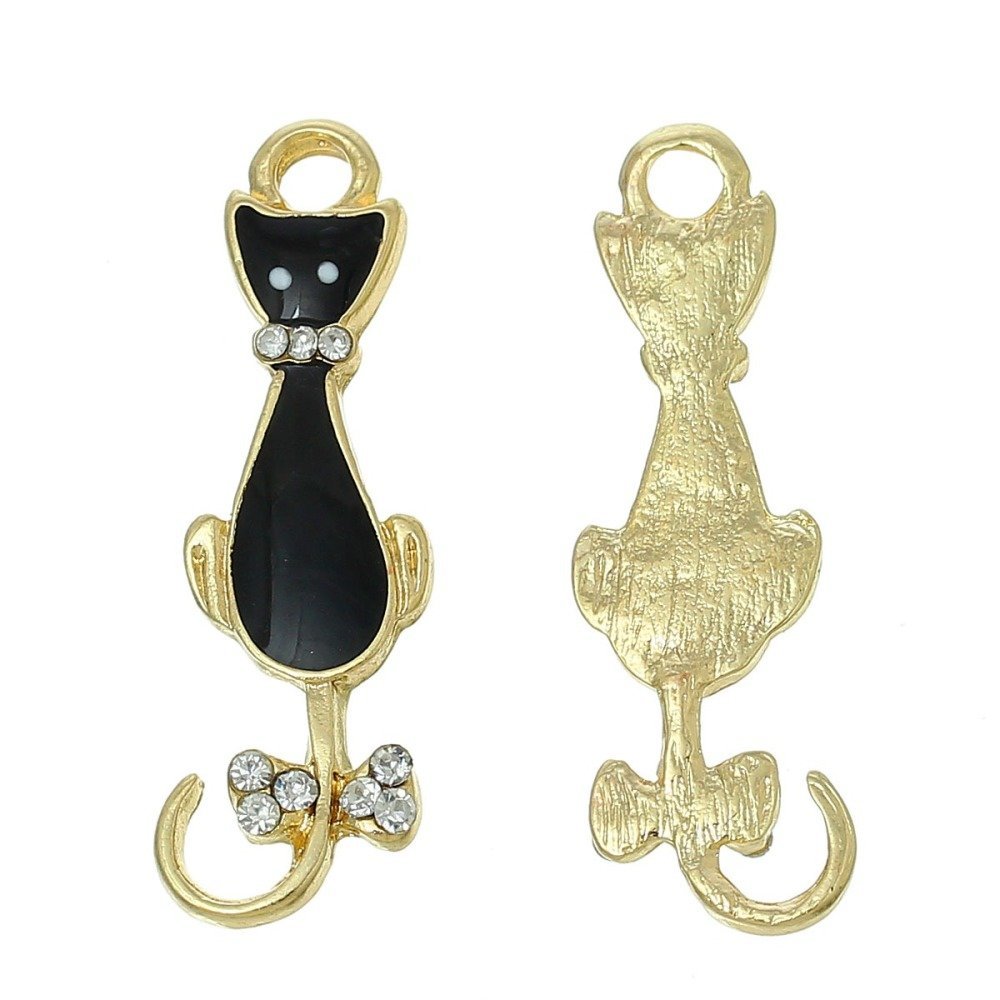 Lot de 5 Breloque Chat N&deg;08 Chat Dor&eacute; Noir N&oelig;uds Papillons &agrave; Strass Transparent Email 36 mm x 11 mm