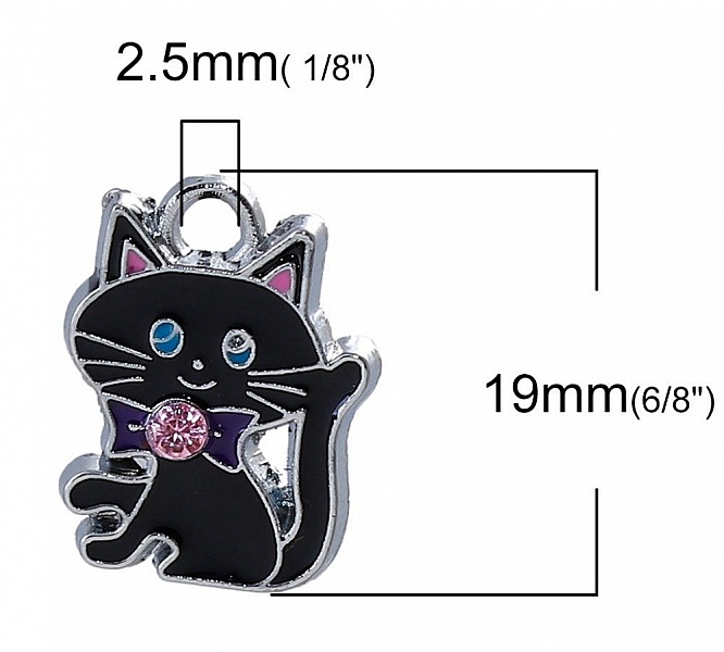Lot de 5 Breloque Chat N&deg;07 en Alliage de Zinc Chat Argent&eacute; Strass email 19 mm x 14 mm