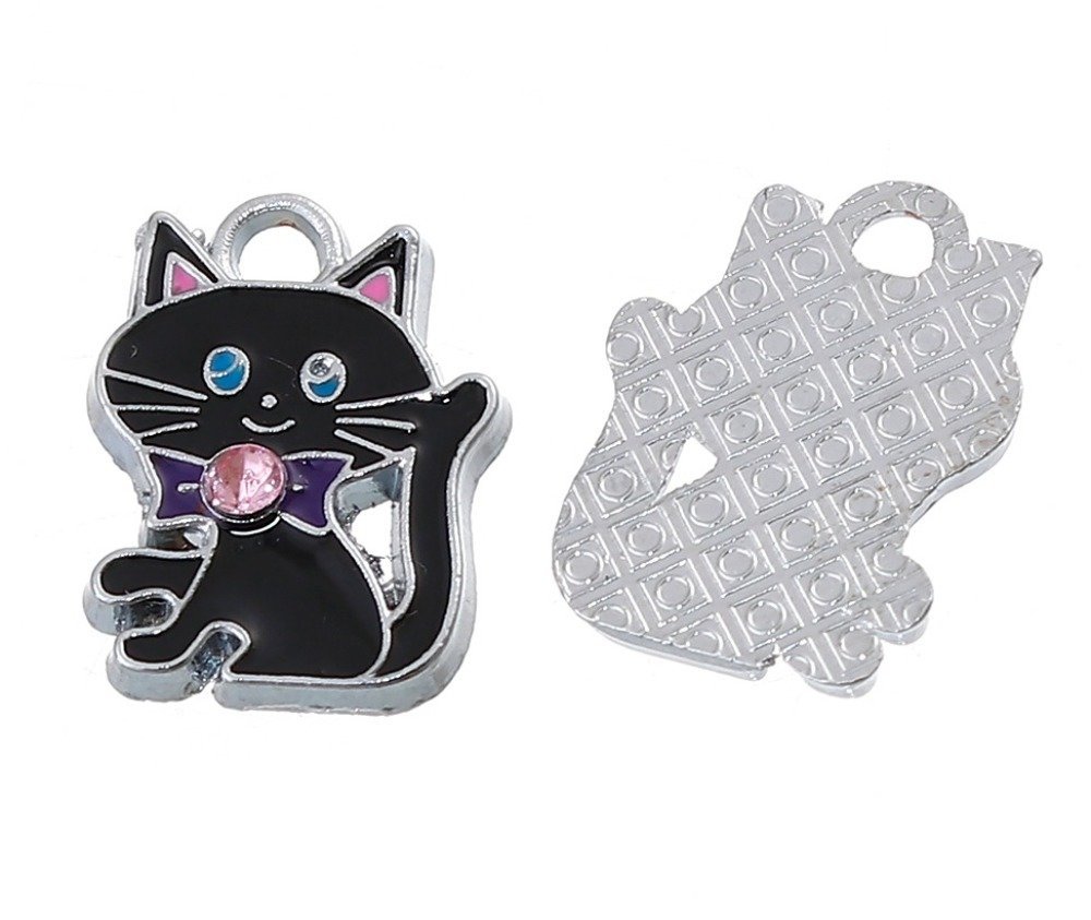 Lot de 5 Breloque Chat N&deg;07 en Alliage de Zinc Chat Argent&eacute; Strass email 19 mm x 14 mm