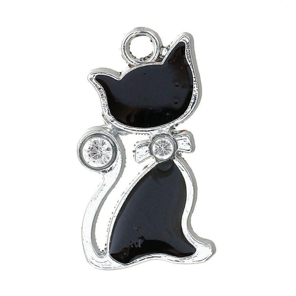 Lot de 5 Breloque Chat N&deg;05 en Alliage de Zinc Email Argent Mat Noir &agrave; Strass Transparent 29 mm x 16 mm