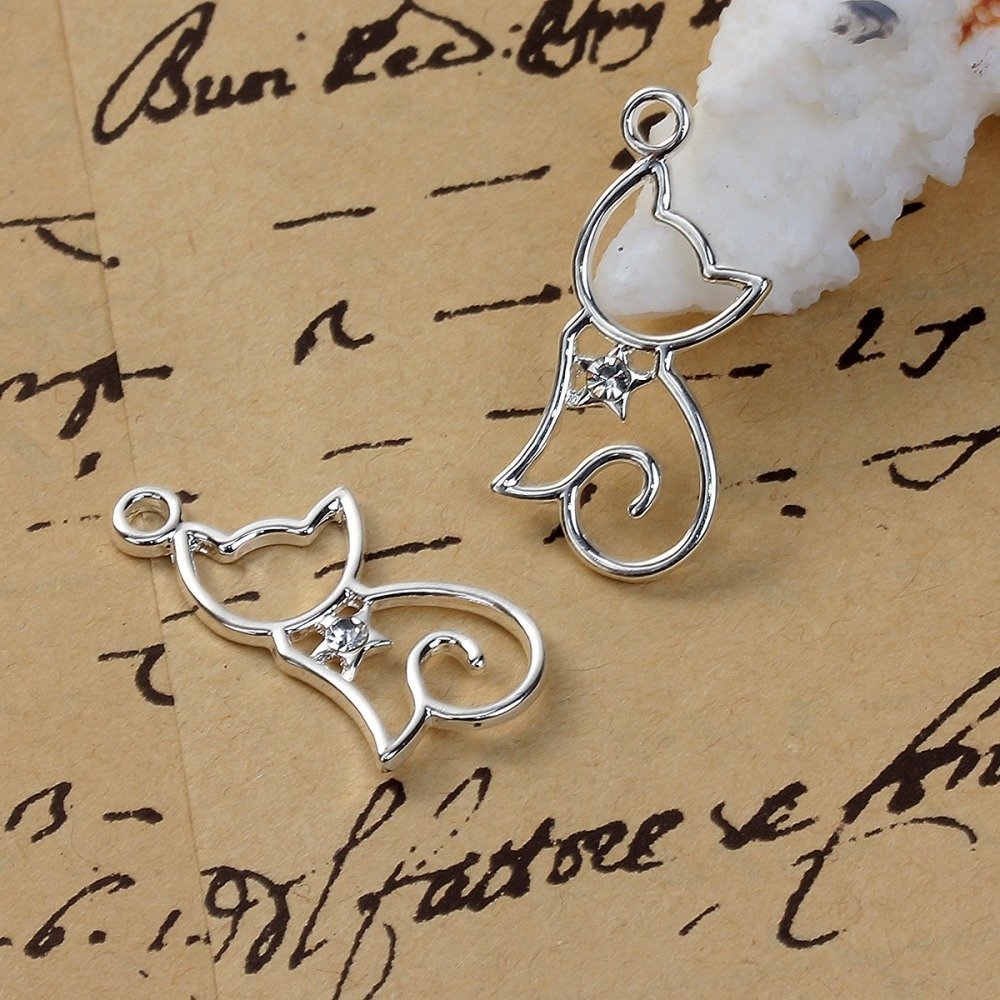 Lot de 5 Breloques Chats N&deg;2 Argent&eacute; 29 mm x 13 mm