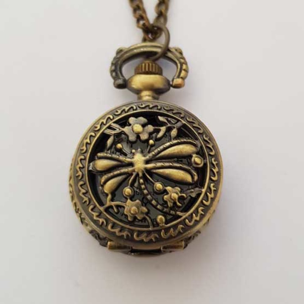 Montre Gousset Libellule Bronze Antique avec Cha&icirc;ne