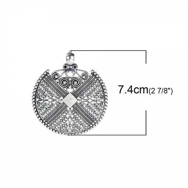 Pendentif N&deg;001-A en Alliage Rond Fleur Creux Argent Vieilli 74 mm x 64 mm