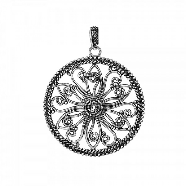 Pendentif N&deg;001-D en Alliage Rond Fleur Creux Argent Vieilli 77 mm x 60 mm