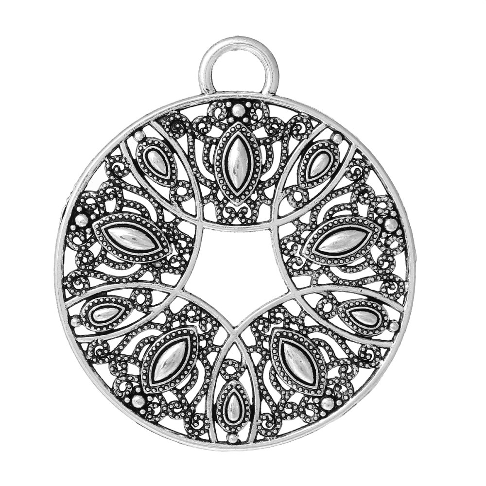 Pendentif N&deg;02 en Alliage Rond Fleur Creux Argent Vieilli 73 mm x 64 mm