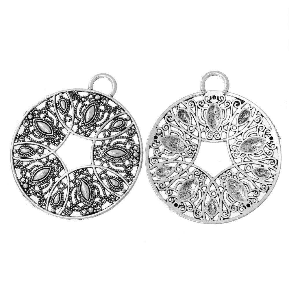 Pendentif N&deg;02 en Alliage Rond Fleur Creux Argent Vieilli 73 mm x 64 mm